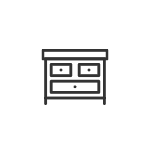 Graue Kommode mit zwei Schubladen und einem offenen Fach, auf stilisierten Beinen.