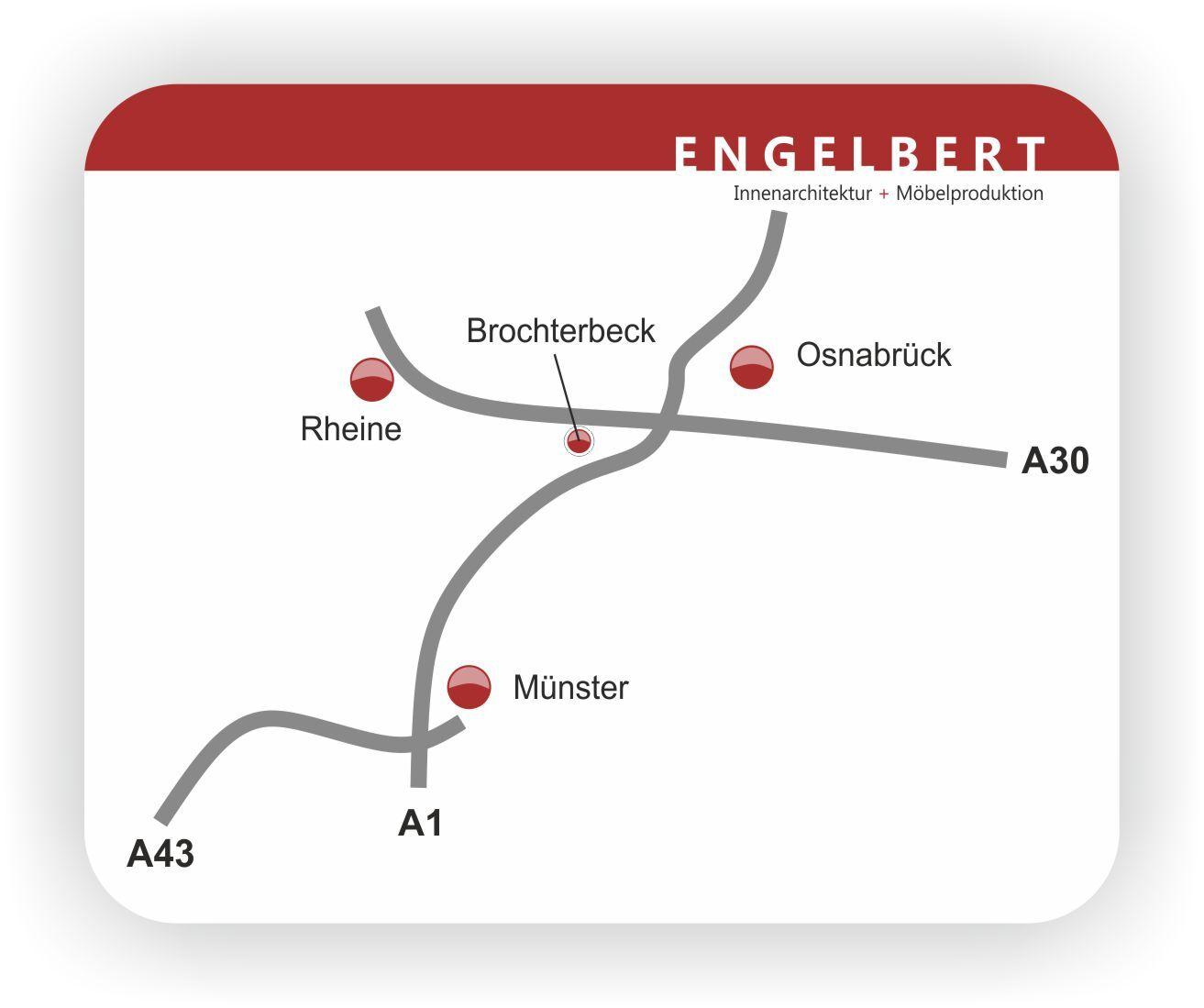 Karte mit den Standorten Rheine, Brochterbeck, Osnabrück und Münster, sowie Anbindung an die Autobahnen A1 und A30.