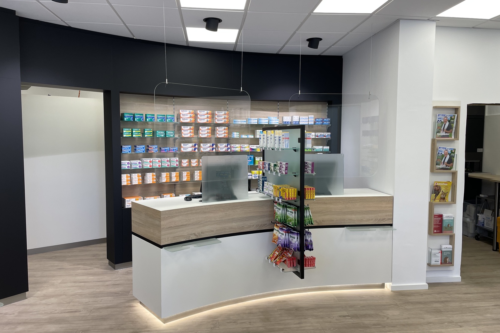 Moderne Apotheke mit Empfangstheke, Regalen voller Arzneimittel und informativen Brosch&uuml;ren an der Wand.