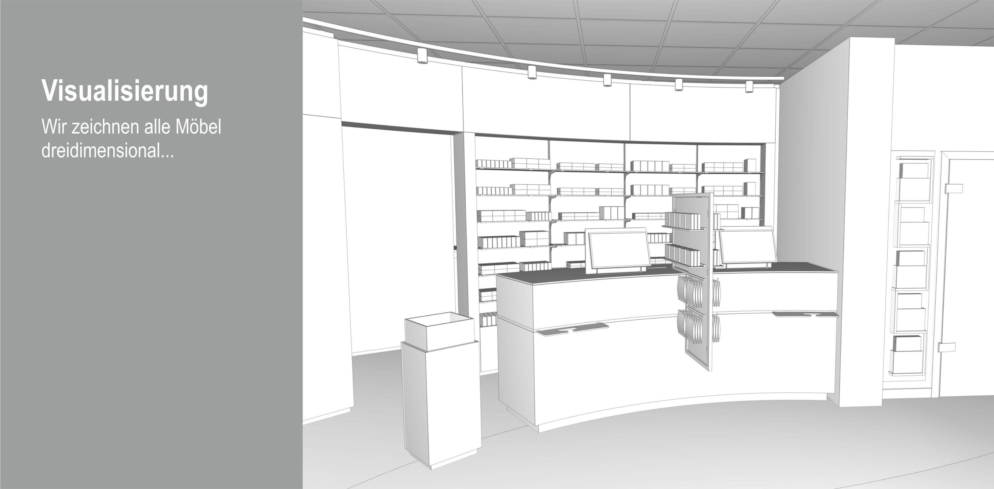3D-Modell eines M&ouml;belgesch&auml;fts mit Empfangstresen und Regalen im minimalistischen, grauen Design.