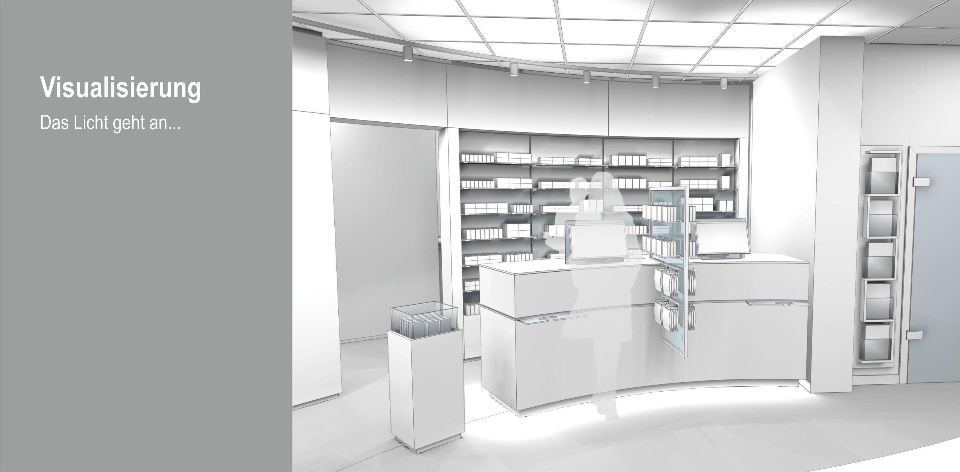 Visualisierung eines modernen Verkaufsraums mit Regalen, einer Kasse und einem beleuchteten Bereich.