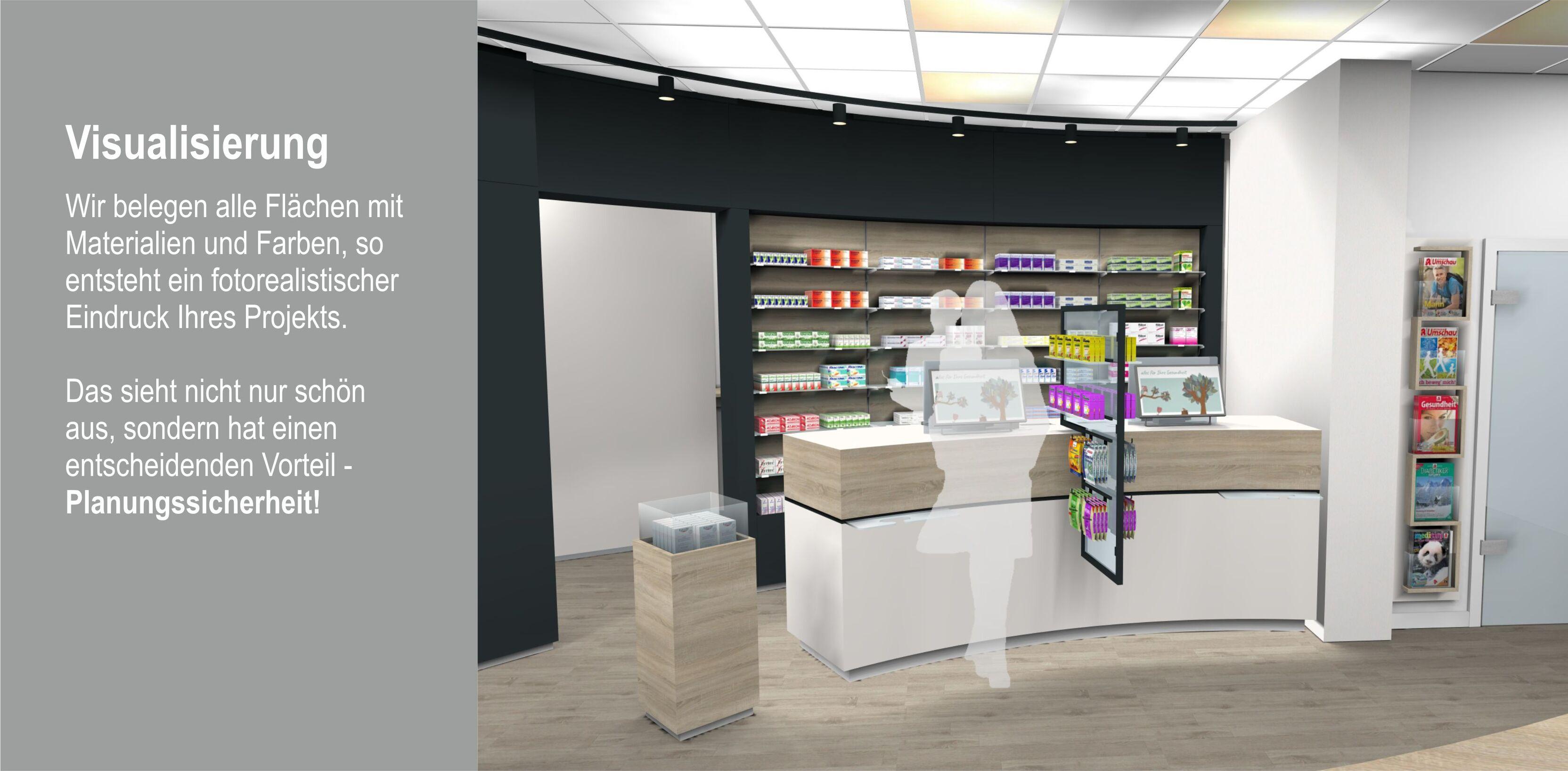 Moderne Verkaufsfl&auml;che mit Regalen, Produkten und einer digitalen Visualisierung auf einem Stehtisch.