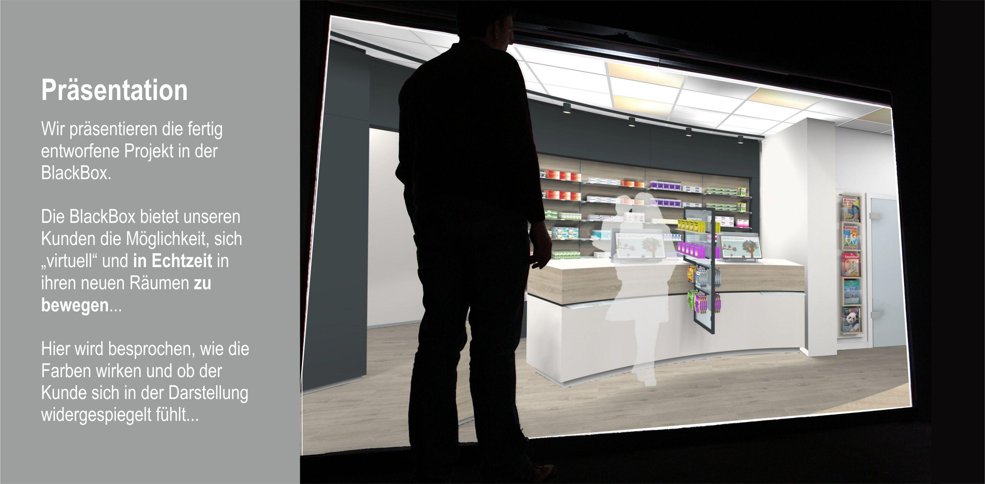 Silhouette einer Person vor einem Pr&auml;sentationsbildschirm mit einer grafischen Darstellung eines Ladeninneren.