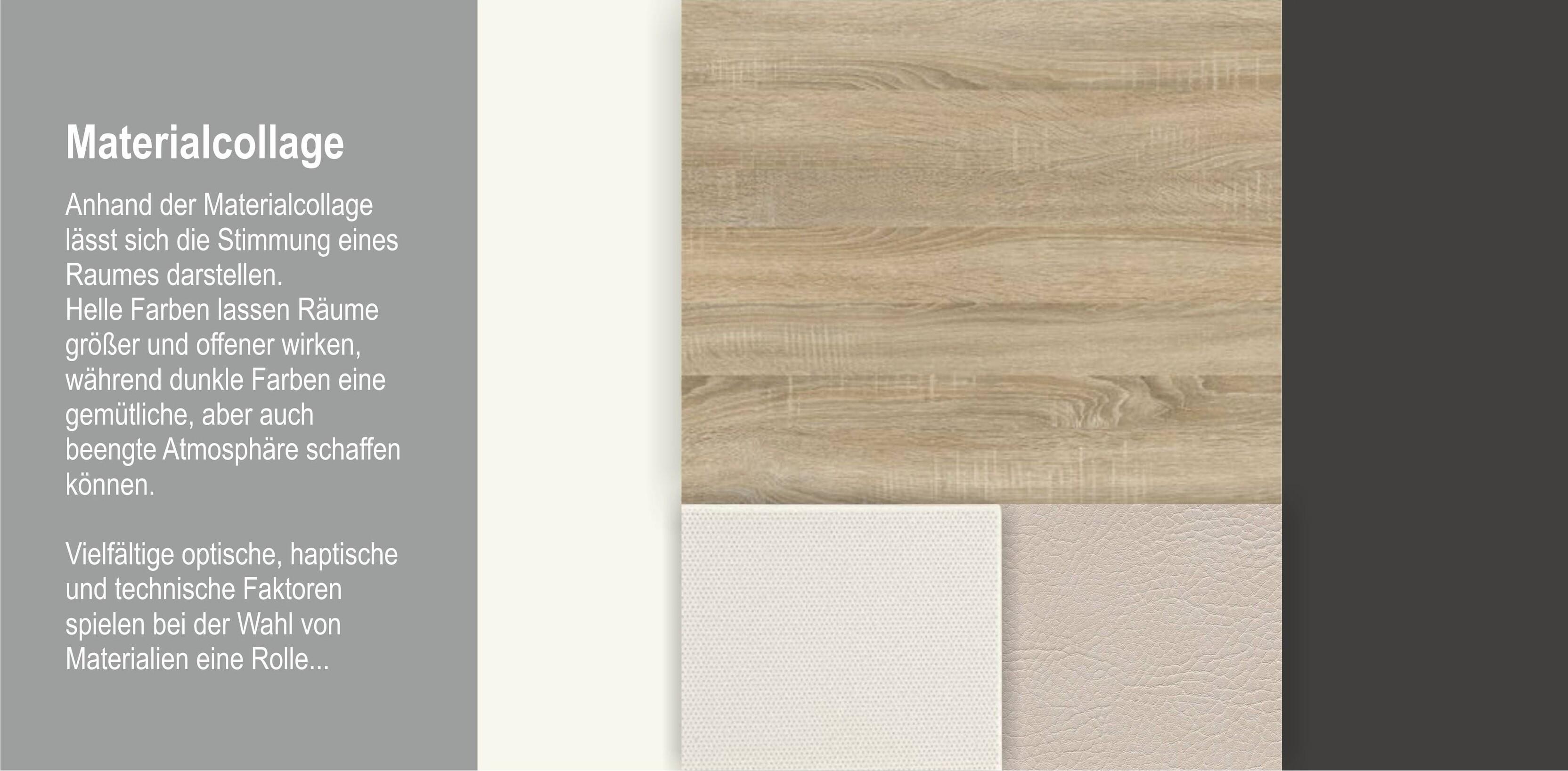 Materialcollage mit verschiedenen Farben und Texturen: helles Holz, wei&szlig;er, beiger und grauer Stoff.