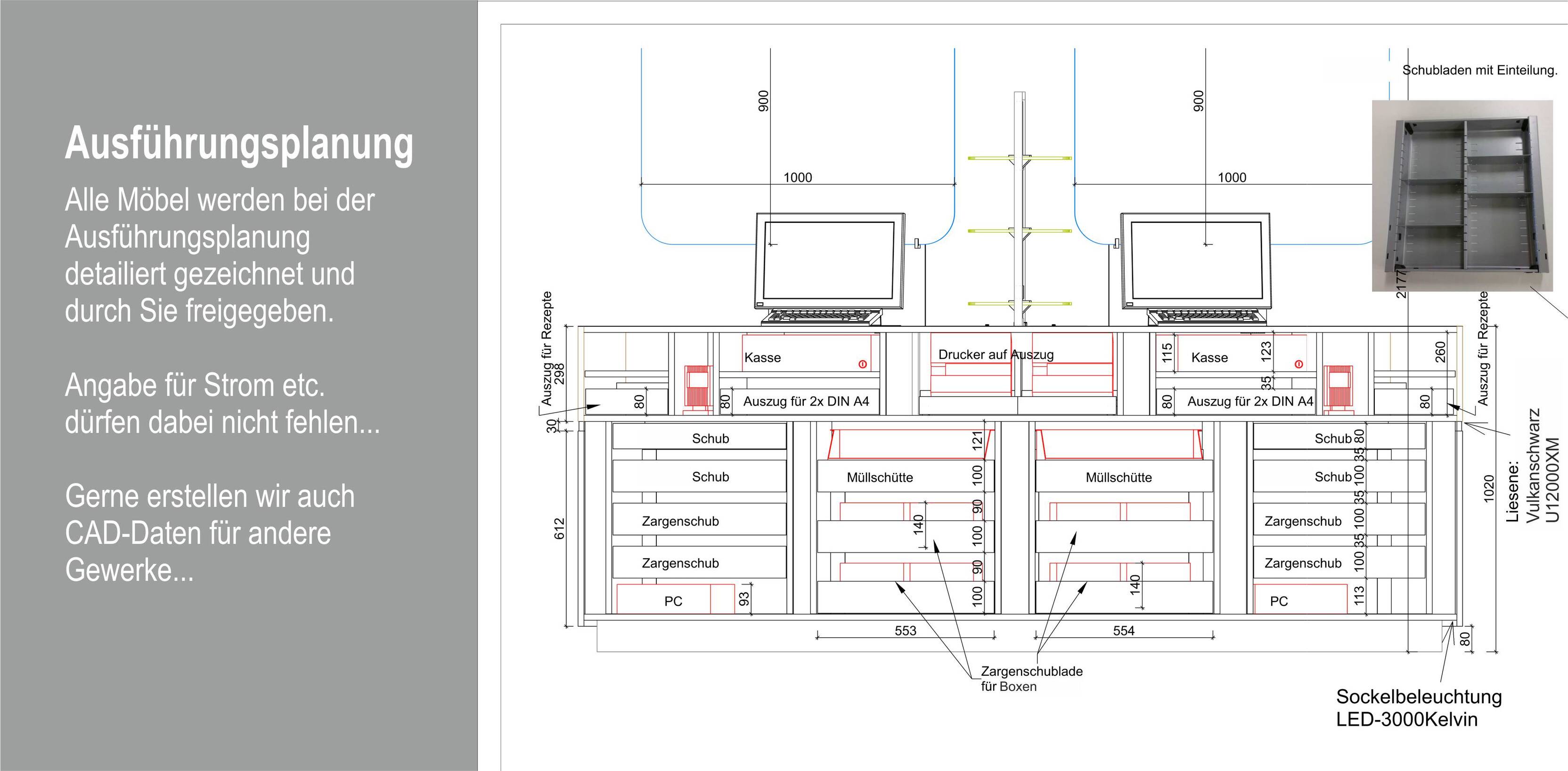 Technische Ausf&uuml;hrungsplanung mit M&ouml;beln, Ma&szlig;en und Stromanschl&uuml;ssen f&uuml;r einen B&uuml;roarbeitsplatz.