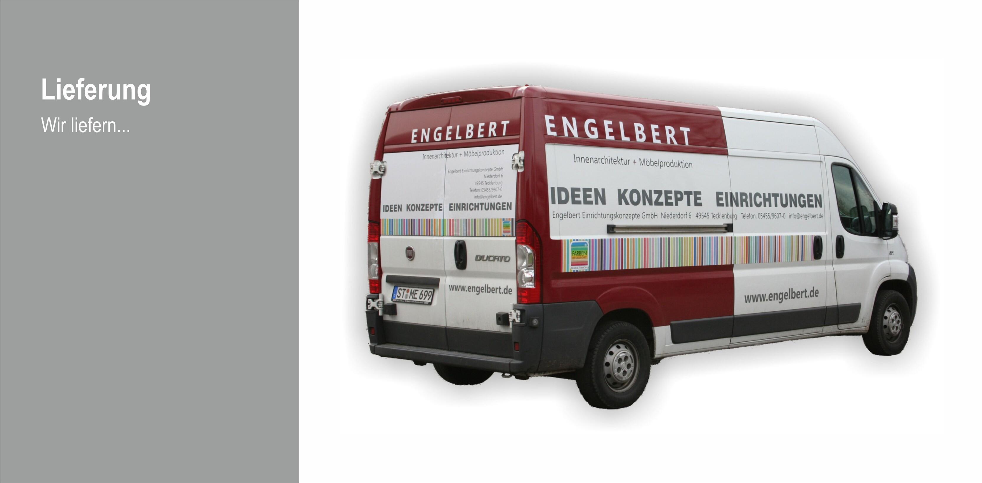 Lieferwagen der Firma Engelbert mit bunten Schriftz&uuml;gen f&uuml;r Ideen und Einrichtungskonzepte.