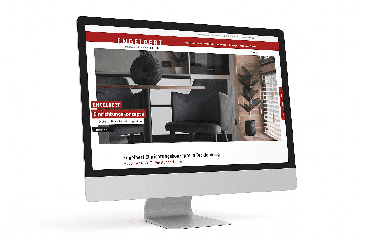 Screenshot einer Website mit dem Titel &bdquo;ENGELBERT Einrichtungs-konzepte&ldquo; und einem stilvollen Stuhl in einem modernen Raum.