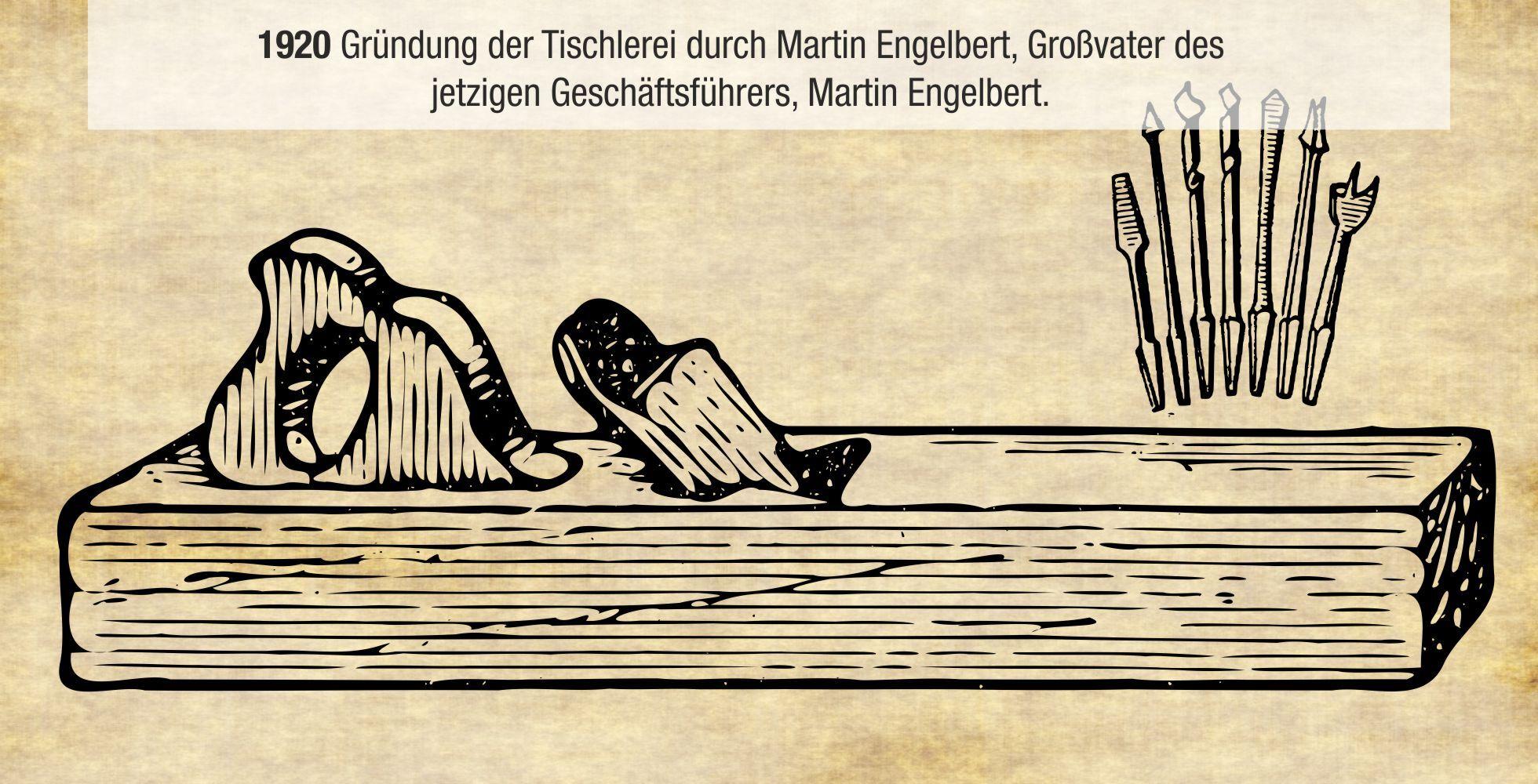 Historische Abbildung von Holzbearbeitungswerkzeugen auf einem Holzbrett mit Schnitzmessern im Hintergrund.