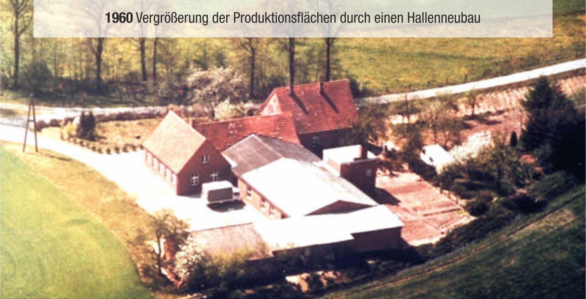 Luftaufnahme eines Unternehmensgel&auml;ndes mit Geb&auml;uden und Produktionsfl&auml;chen aus dem Jahr 1960.