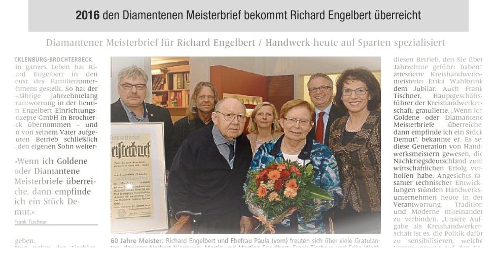 Gruppe von Personen, darunter Richard Engelbert, bei der &Uuml;bergabe des Diamantenen Meisterbriefs in einem festlichen Rahmen.