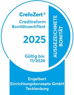 Bonit&auml;tszertifikat 2025 von CrefoZert f&uuml;r Engelbert Einrichtungskonzepte GmbH, g&uuml;ltig bis November 2026.