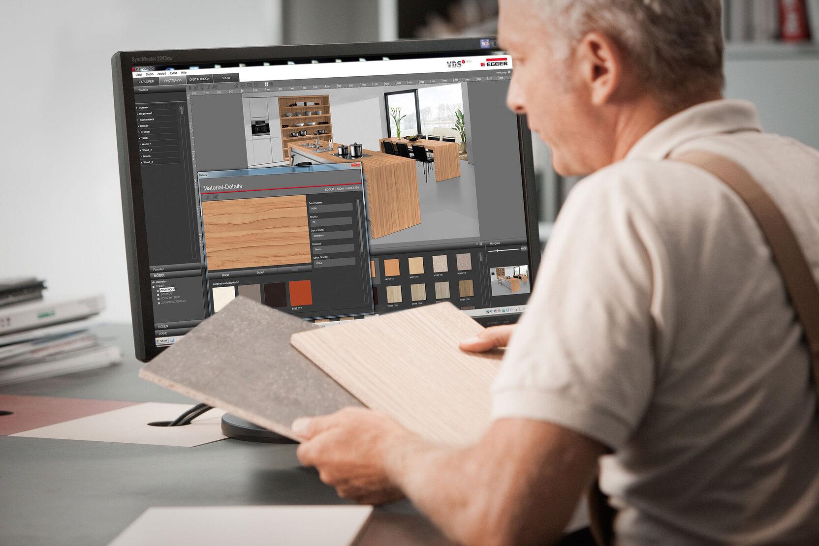 Abwägen von Holzmaterialien durch #Branche1# Abwägen von Holzmaterialien und Farben durch #Branche1# während einer 3D Küchenplanung