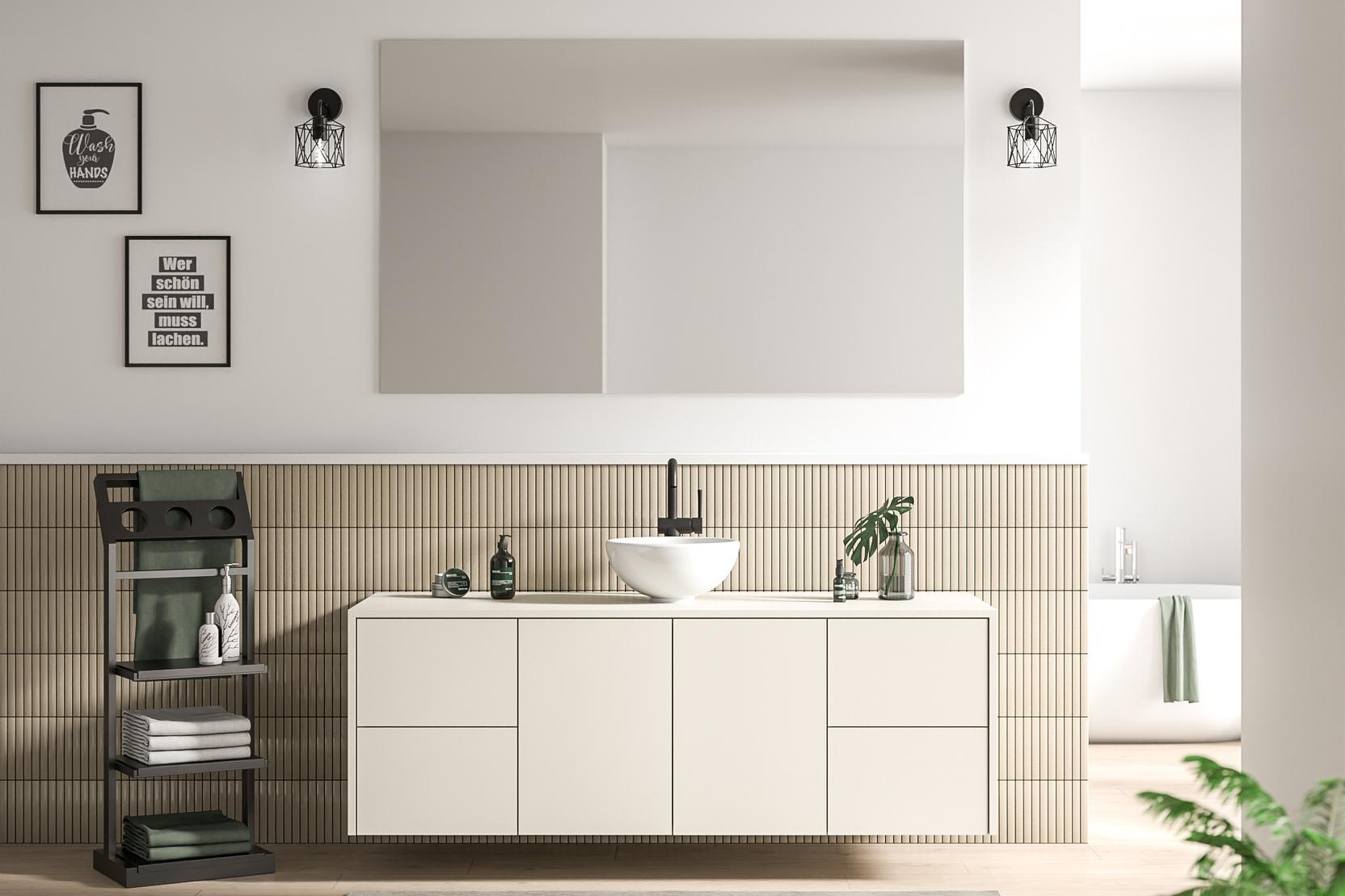 Modernes Bad nach Maß in Cremeweiß Maßgeschneiderte Badgestaltung mit cremefarbenen Schrankfronten, stilvollen Wandfliesen und modernen, schwarzen Armaturen.