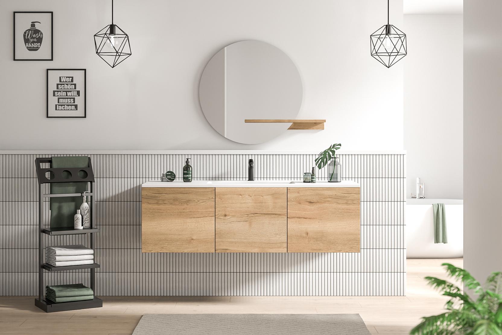 Modernes Bad nach Maß mit Holzfronten Skandinavisch inspiriertes Bad nach Maß mit natürlichen Holzschubladen, geometrischen Leuchten und stilvollen Metrofliesen.