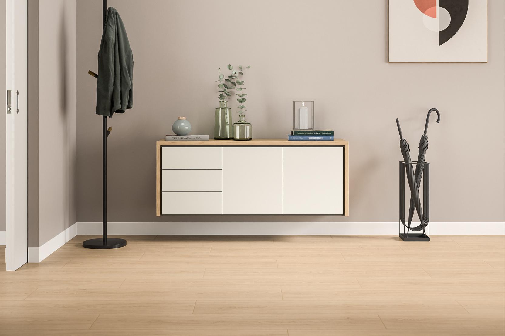 Modernes Hängeboard nach Maß im einladenden Eingangsbereich. Schwebendes Hängeboard nach Maß in Cremeweiß mit Holzoberfläche und klaren Linien, ausgestattet mit Schubladen, sorgt für stilvollen Stauraum beim Eingang.