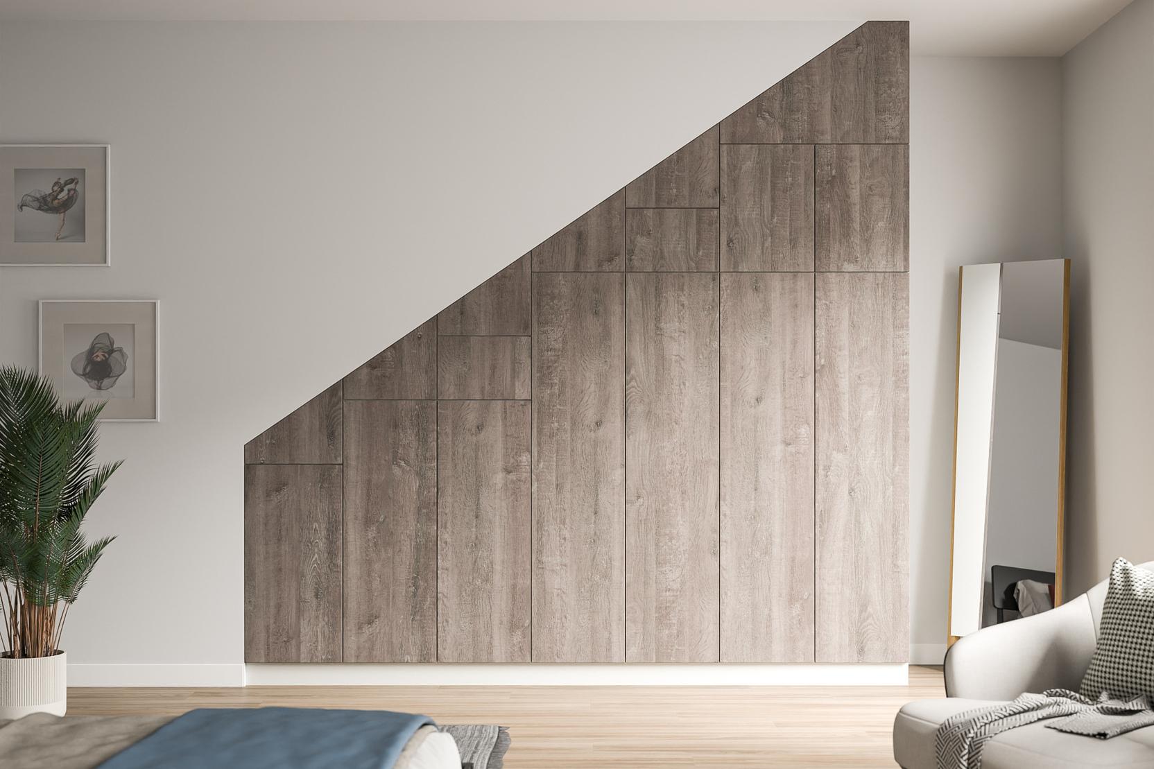 Maßgefertigter Einbauschrank unter Dachschräge Rustikaler, maßgefertigter Schrank in Holzoptik passt sich perfekt der Dachschräge an, optimale Raumnutzung.