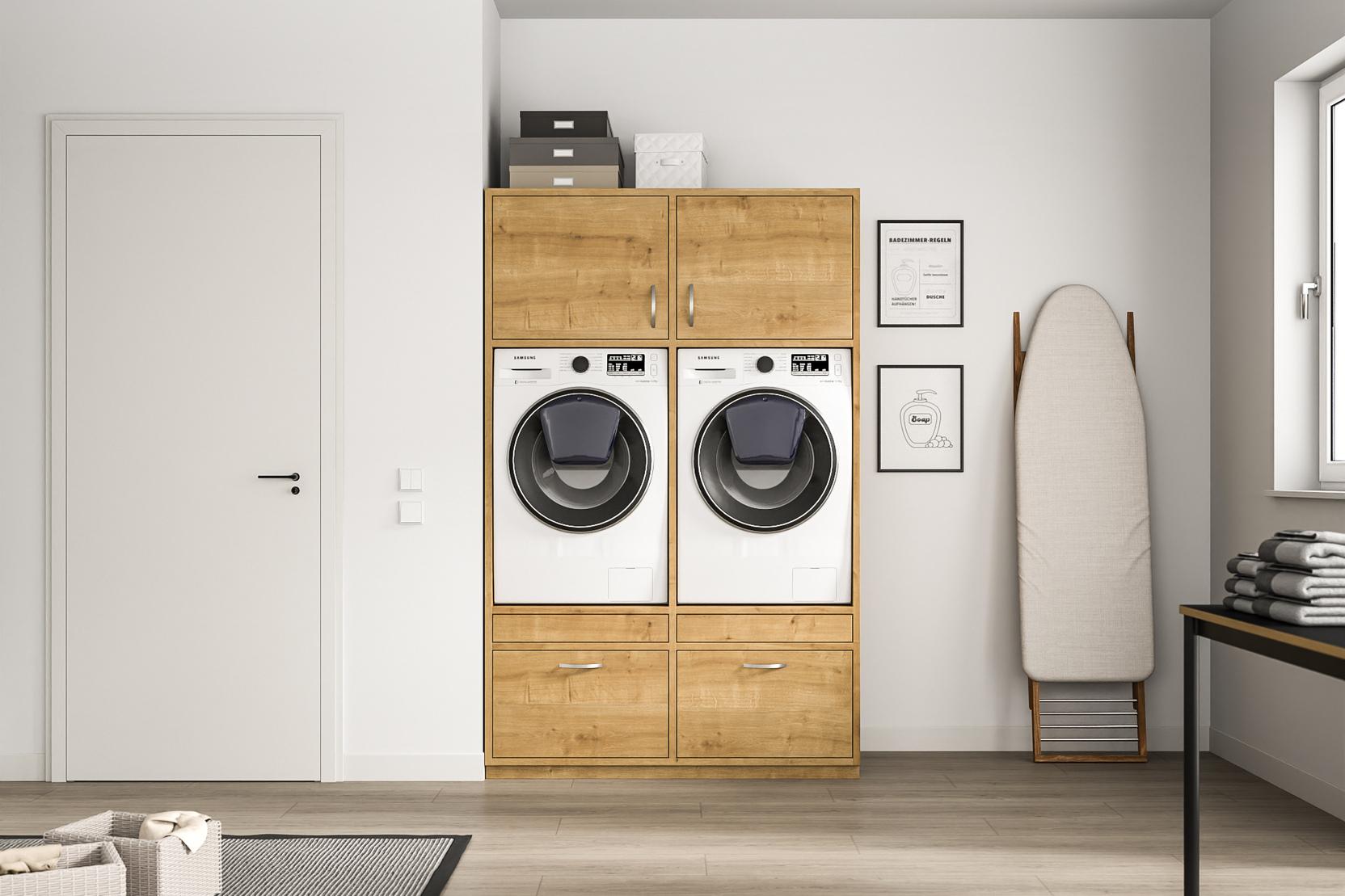 Maßgefertigter Schrank integriert in die Hauswirtschaftsraumgestaltung. Ein funktionaler Schrank nach Maß aus hellem Holz, angepasst an Waschmaschinen, mit praktischen Schubladen und Fächern darüber.